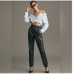 Avec Les Filles Black Faux Leather Jogger Track Pants